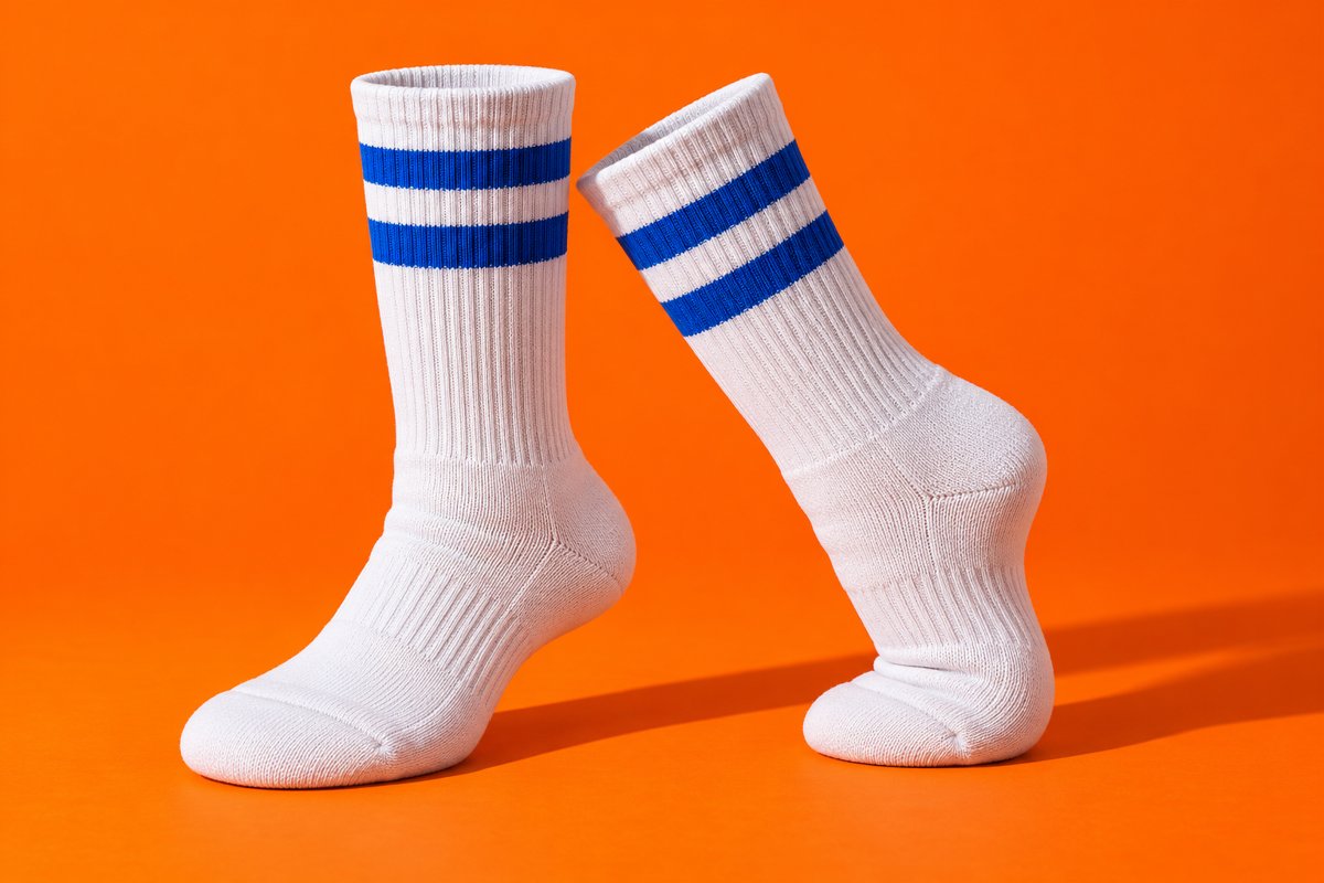 Weiße Sportsocken mit blauen Streifen vor orangefarbenem Hintergrund